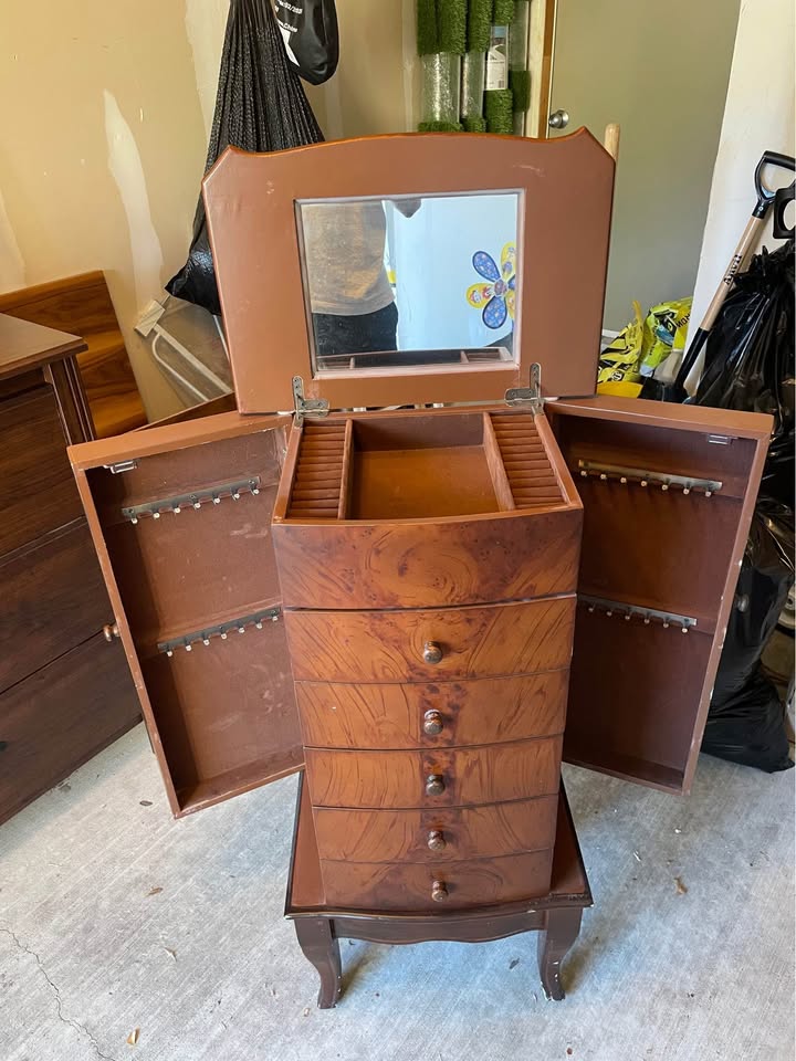 Vintage Wooden Jewelry Armoire with Mirror - photo 4