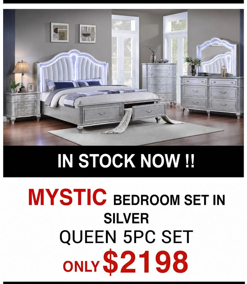 Mystic 5-Piece Bedroom Set - Silver Finish with LED