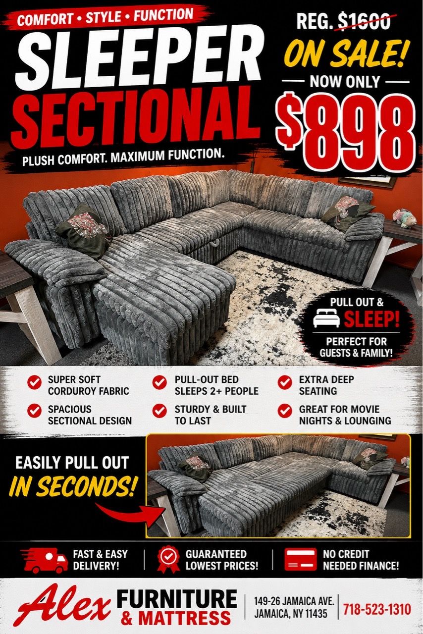Gray Corduroy Sleeper Sectional Sofa