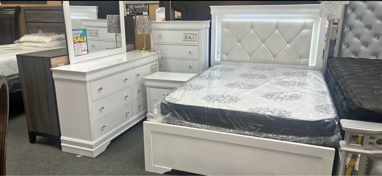 White Bedroom Set with LED Headboard