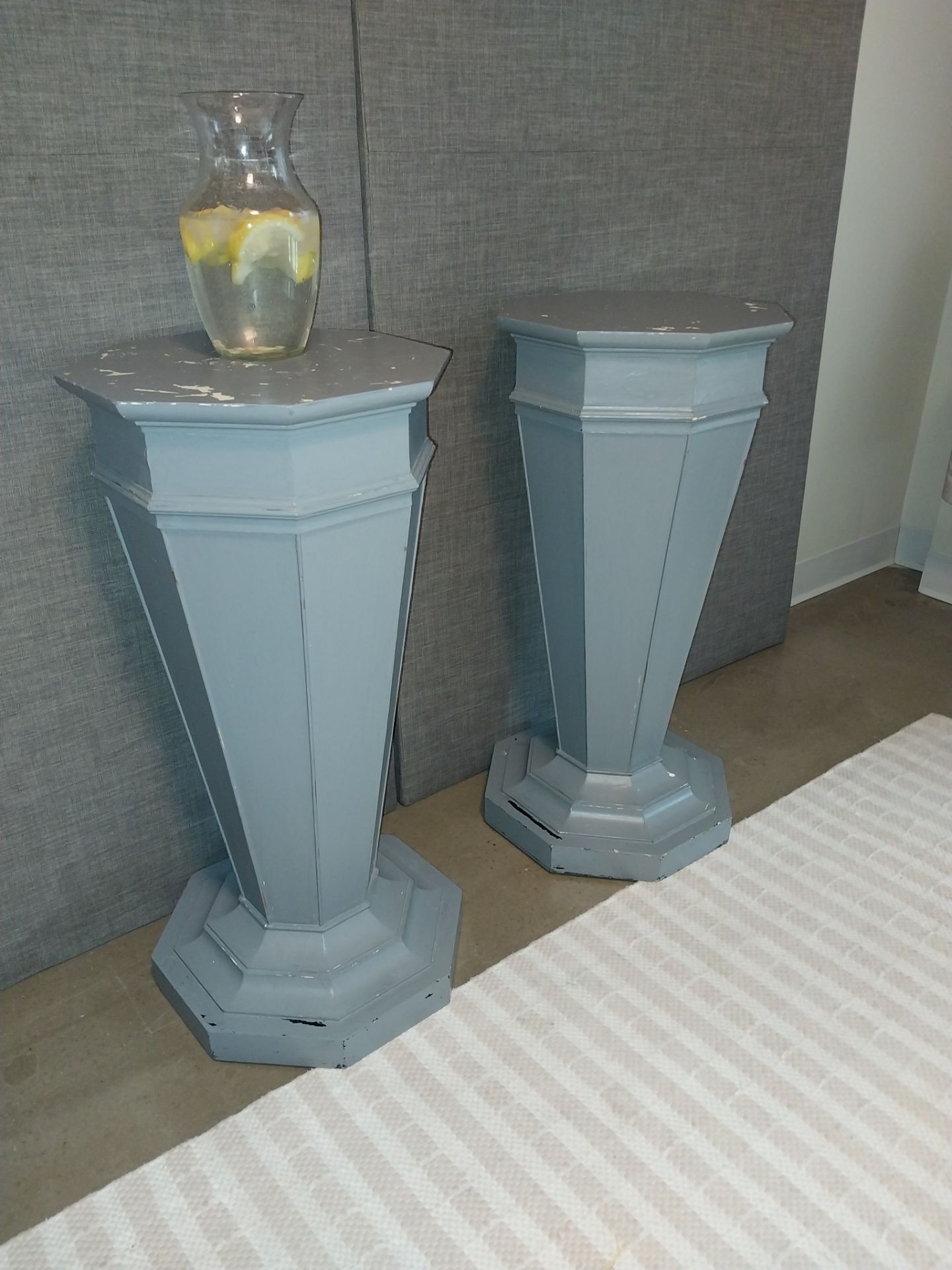 Matching Pair of Gray Decorative Pedestal Stands