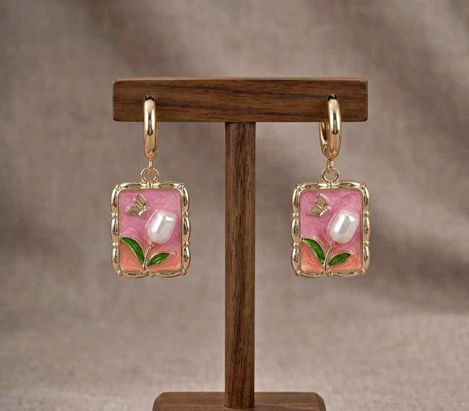 Floral & Pearl Enamel Drop Hoop Earrings