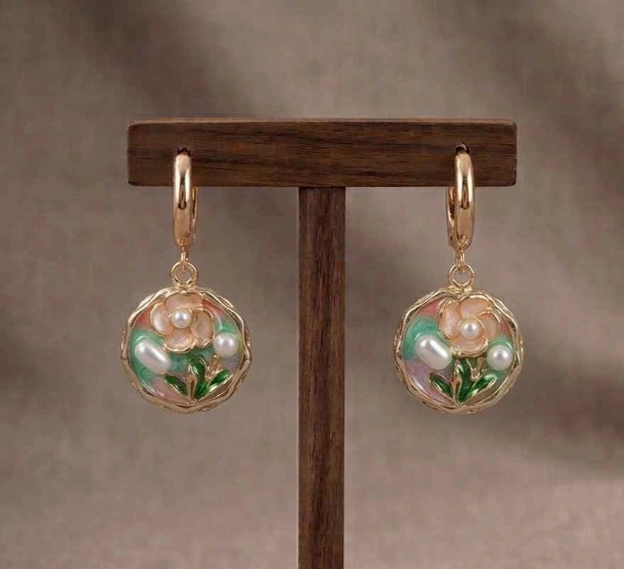 Floral & Pearl Enamel Drop Hoop Earrings - photo 2