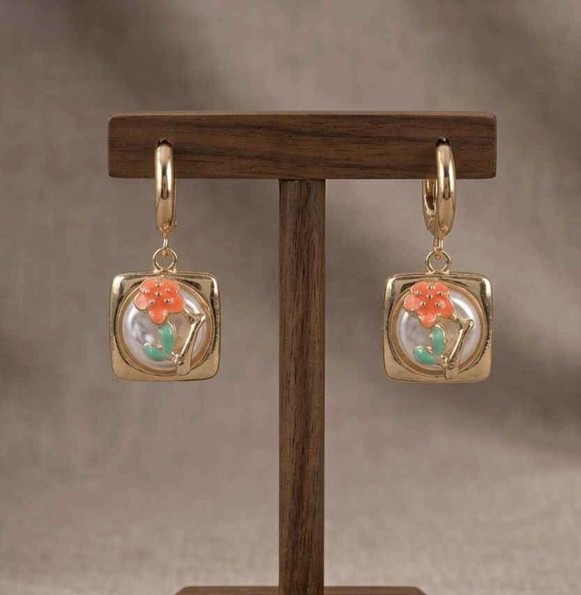 Floral & Pearl Enamel Drop Hoop Earrings - photo 3