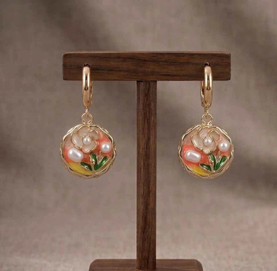 Floral & Pearl Enamel Drop Hoop Earrings - photo 4
