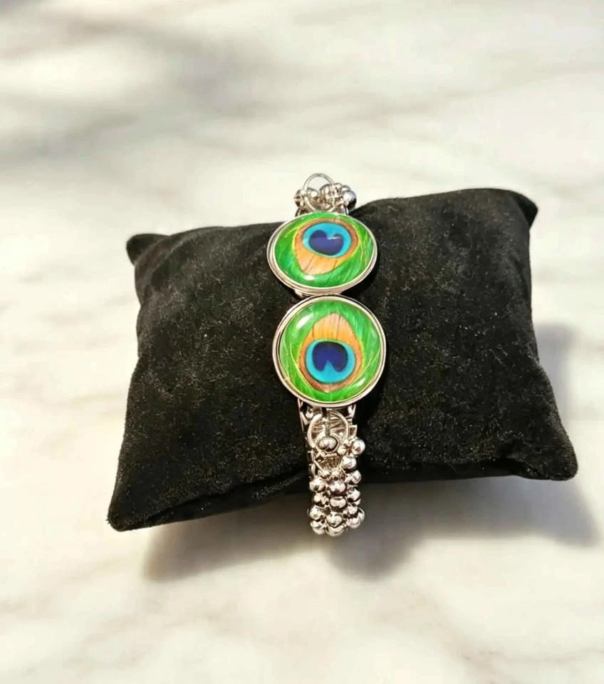 Silver-Tone Peacock Feathers & Ghungroo Bangle