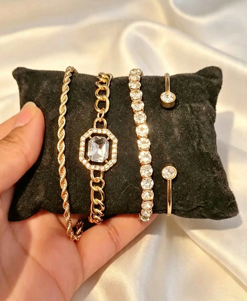 Gold-Tone Stackable Bracelet Set with Crystal & Chain Accents