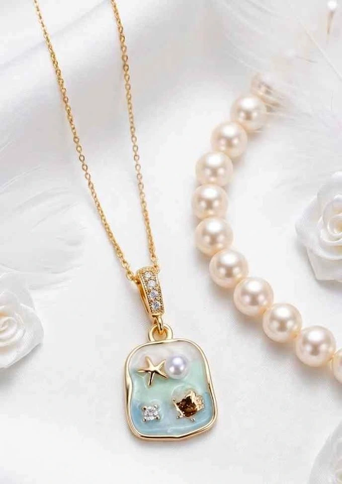 Dainty Gold-Tone Resin Pendant Necklaces with Sparkling Pavé Bal