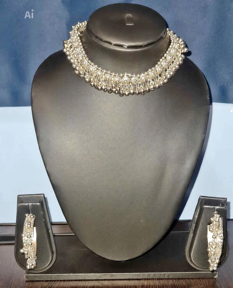Oxidized Silver Ghungroo Choker Necklace & Matching Earrings Set