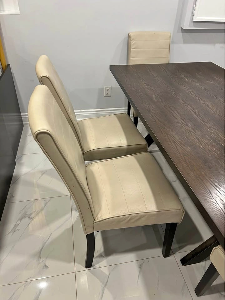 Dark Wood Dining Table with 6 Cream Upholstered Chairs