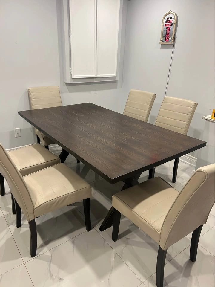 Dark Wood Dining Table with 6 Cream Upholstered Chairs - photo 4