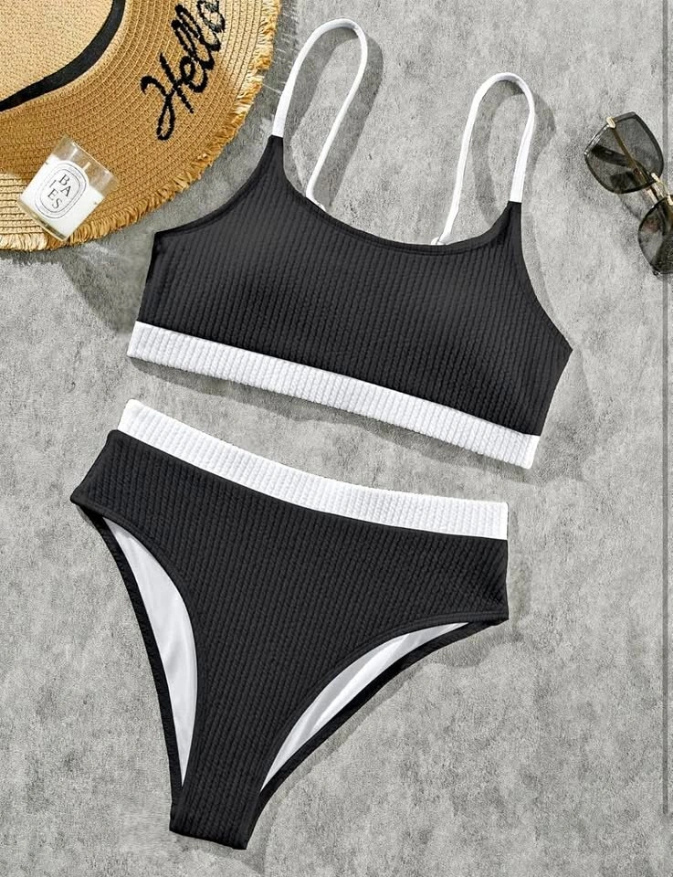 New Womens High Waisted Bikini Set Ribbed 2 Piece Bathing Suit L