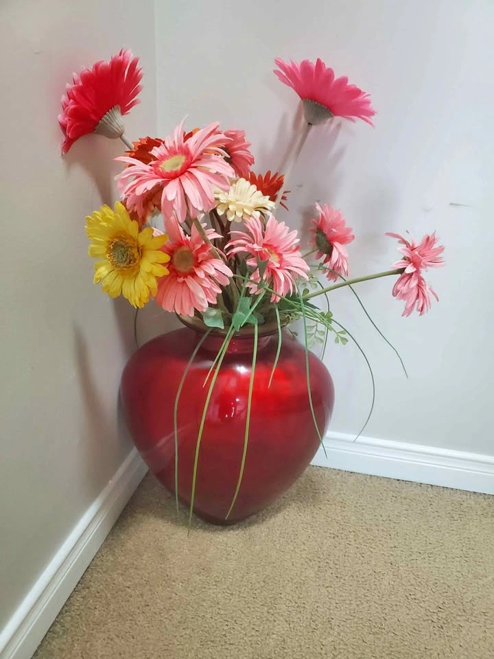 Red Heart-Shaped Vase with Artificial Gerbera Daisies
