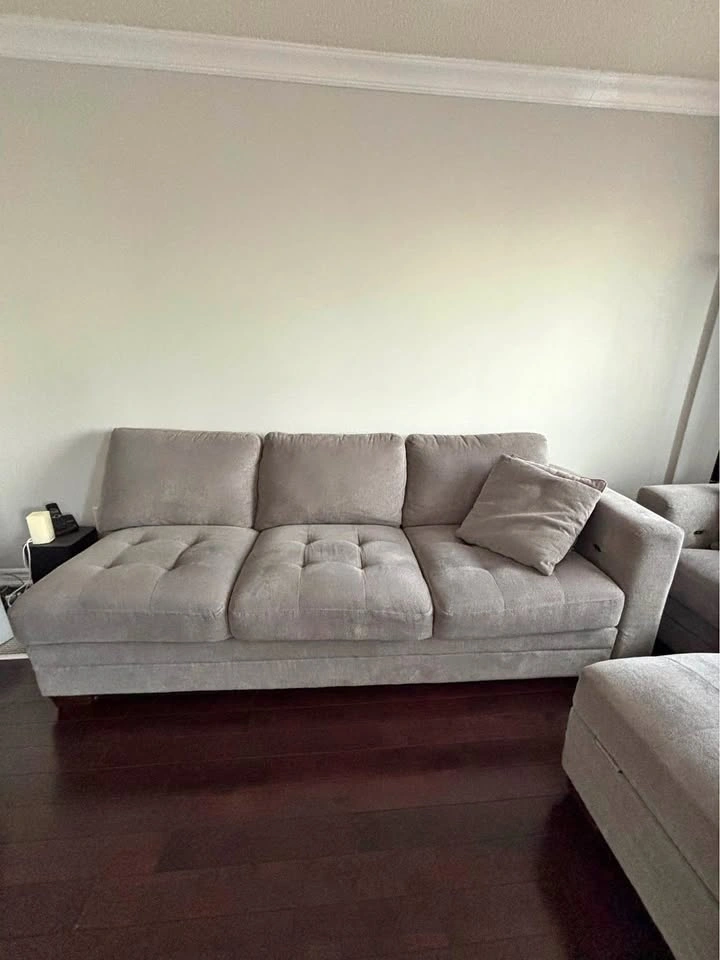 Grey Tufted Fabric Sofa Set with Ottoman