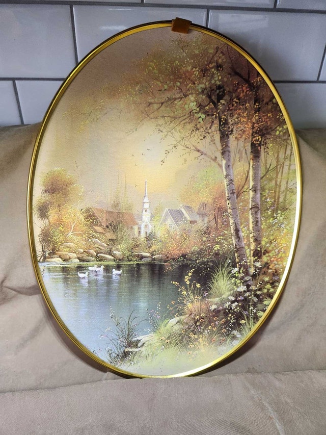 Vintage 15" x 12" Oval Wall Plaque – Serene Country Landscape