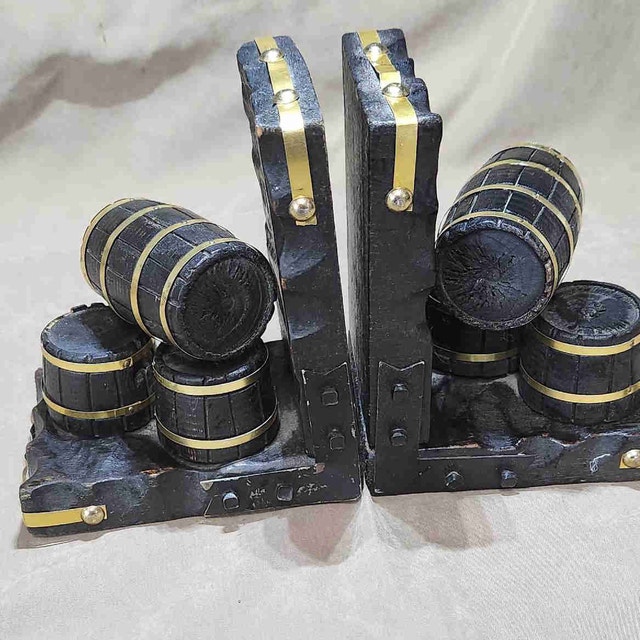 Rustic Barrel & Crate Wood Bookends/Mid-Century Western Decor