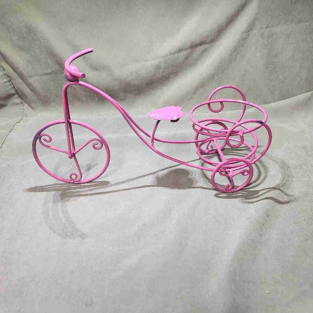 Vintage Pink Wire Tricycle Plant Holder & Wine Bottle Caddy