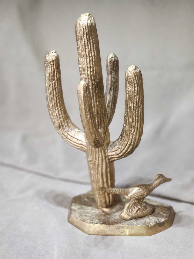 Mid-Century Solid Brass Saguaro Cactus & Roadrunner
