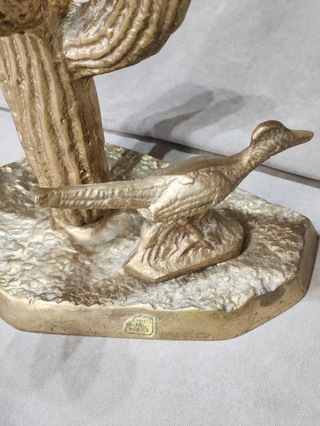 Mid-Century Solid Brass Saguaro Cactus & Roadrunner - photo 2