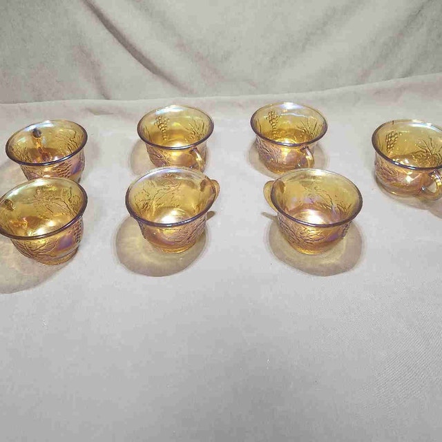 Set of 7 Vintage Marigold Carnival Glass Punch Cups