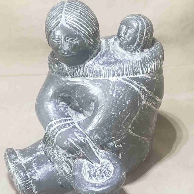 Vintage Wolf Original Inuit Mother & Baby Carving