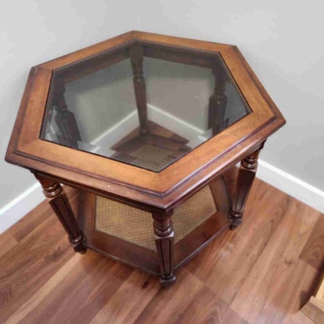 Mid-Century Modern Hexagonal Wood End Table with Cane Shelf