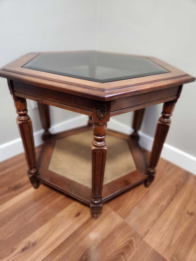 Mid-Century Modern Hexagonal Wood End Table with Cane Shelf - photo 2