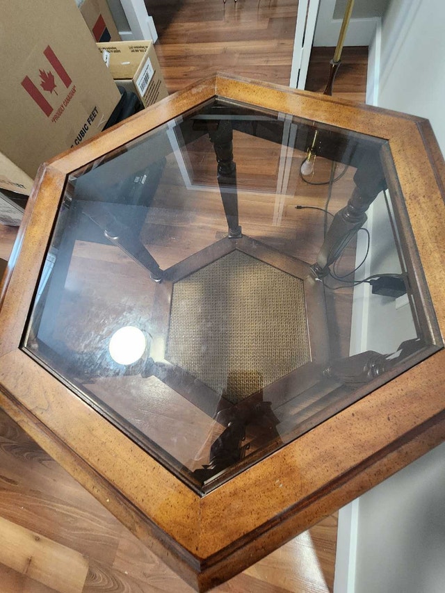Mid-Century Modern Hexagonal Wood End Table with Cane Shelf - photo 3