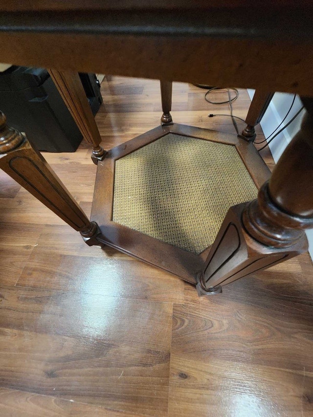 Mid-Century Modern Hexagonal Wood End Table with Cane Shelf - photo 4