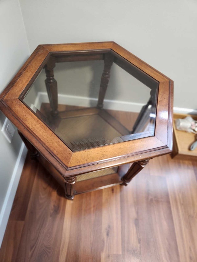 Mid-Century Modern Hexagonal Wood End Table with Cane Shelf - photo 5