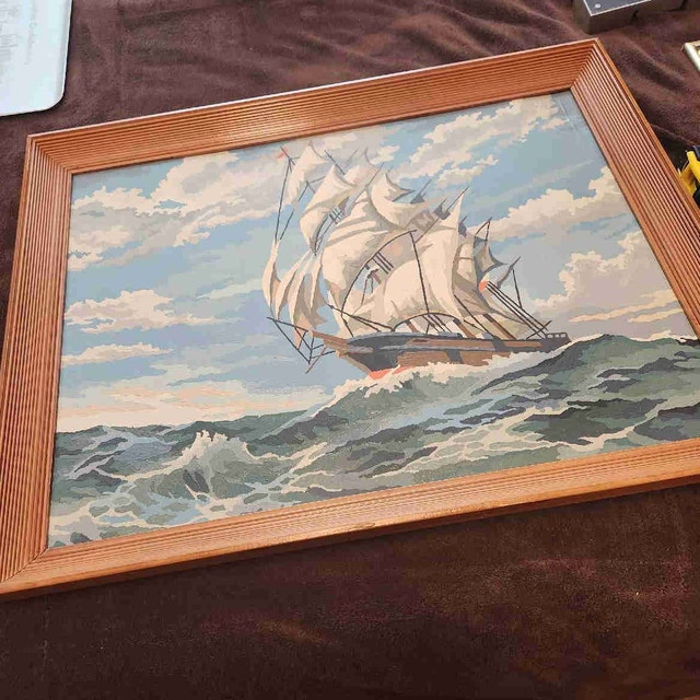 Large Vintage 1950s Framed Clipper Ship Seascape Painting