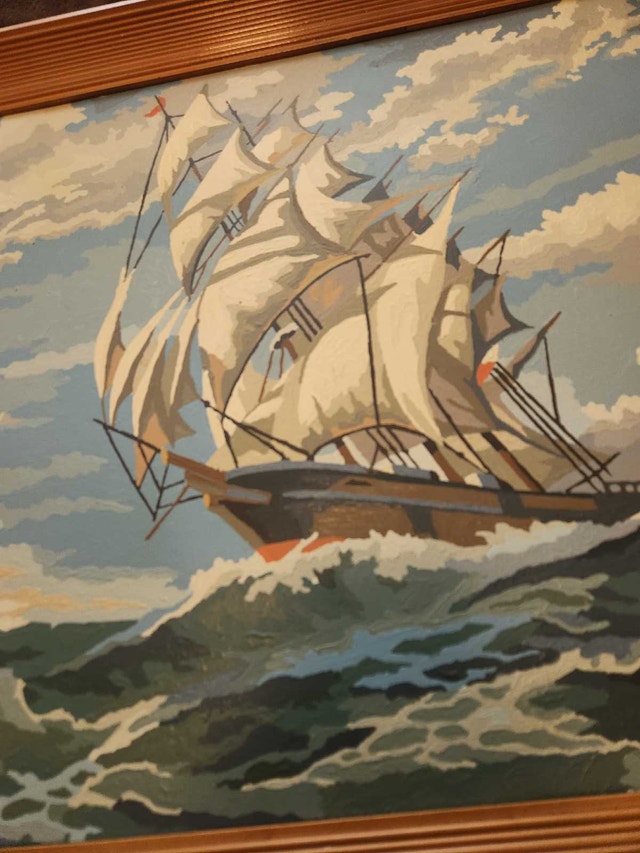 Large Vintage 1950s Framed Clipper Ship Seascape Painting - photo 2