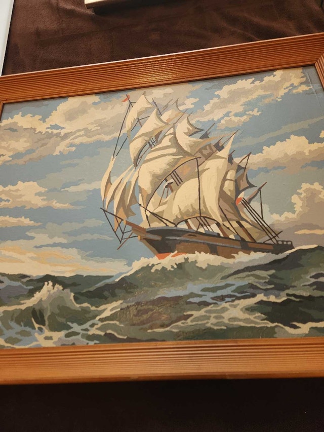 Large Vintage 1950s Framed Clipper Ship Seascape Painting - photo 4