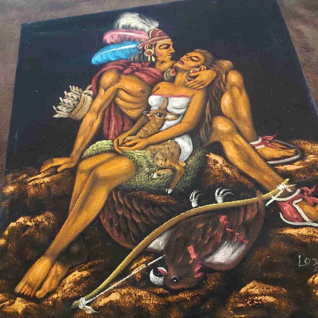 Signed LOZANO Aztec Indigenous Lovers Black Velvet