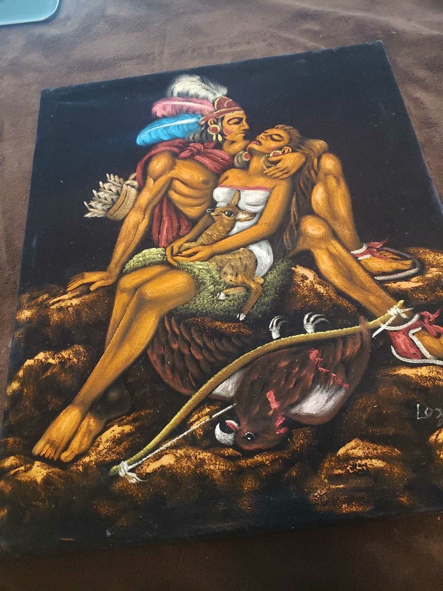 Signed LOZANO Aztec Indigenous Lovers Black Velvet - photo 3