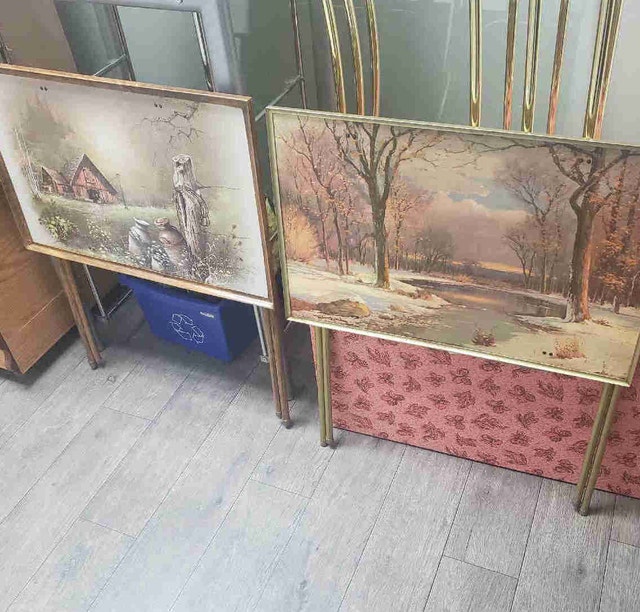 Two Vintage 1960s MCM Metal TV Tray Tables (Eclectic Mix)