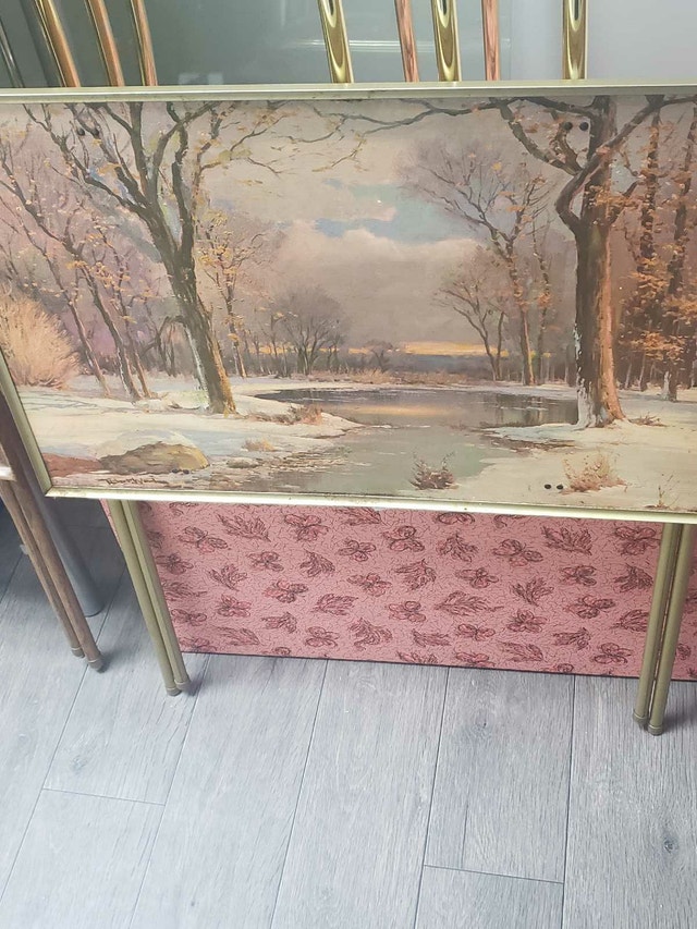 Two Vintage 1960s MCM Metal TV Tray Tables (Eclectic Mix) - photo 2