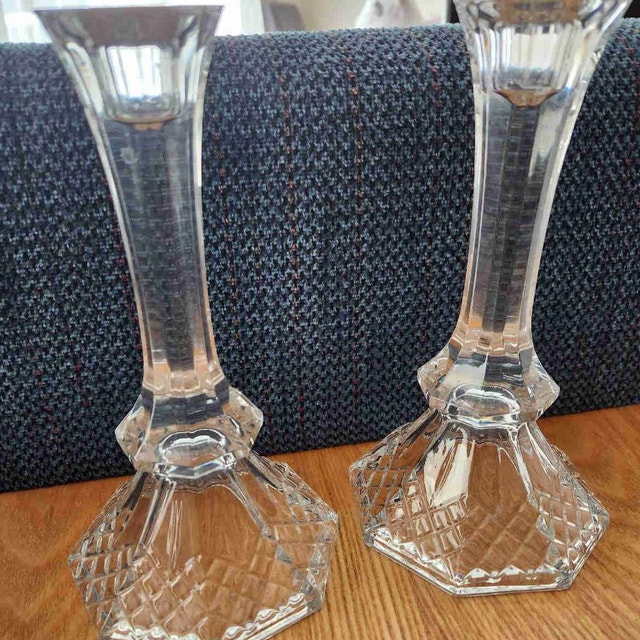 Heavy Vintage Crystal Candlesticks – Hexagonal Diamond Cut