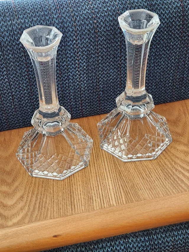 Heavy Vintage Crystal Candlesticks – Hexagonal Diamond Cut - photo 4