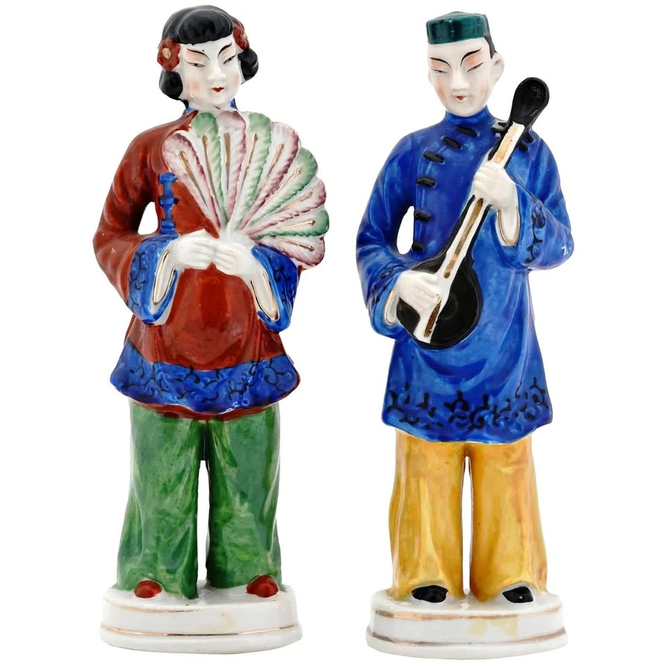 Hand-Painted Japanese Porcelain Figurines – Asian Musician & Fan