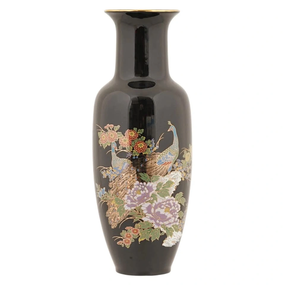 Vintage Japanese Black Porcelain Vase – Peacocks & Floral Motif - photo 2