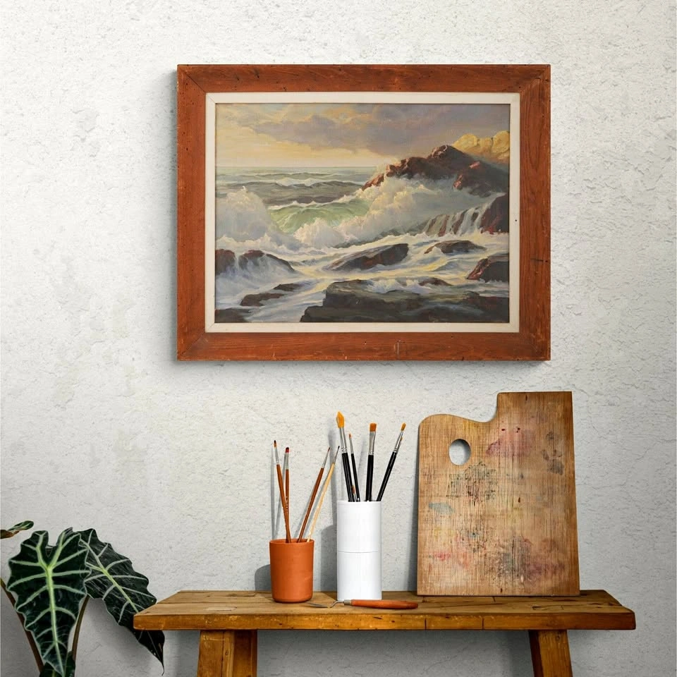 1952 Vintage Coastal Seascape Oil on Canvas by W. R. Carriero