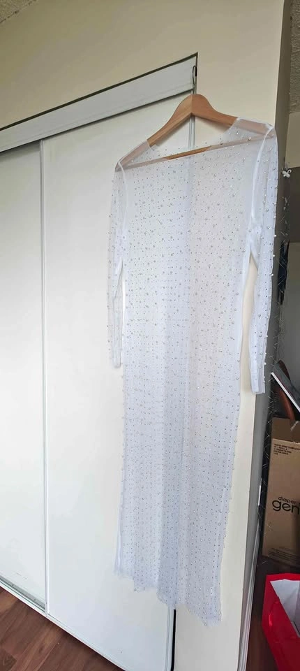 Pearl mesh dress white, sheer long sleeve beach cover up, L