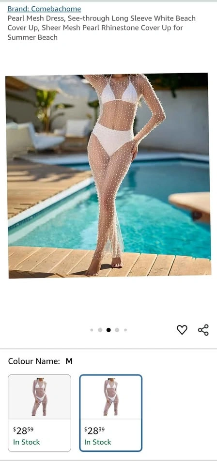 Pearl mesh dress white, sheer long sleeve beach cover up, L - photo 3