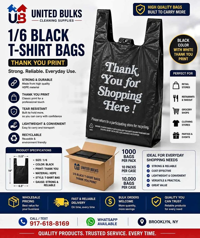 United Bulks 1/6 Black T-Shirt Bags Shopping Bags Thank You Bag