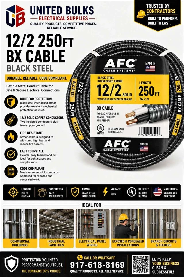AFC Cable Systems 12/2 250ft BX Cable Black Steel
