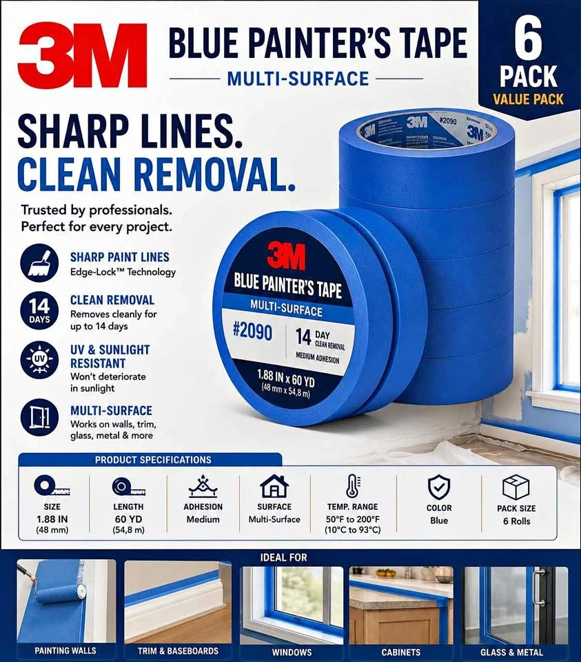 3M Blue Painter's Tape #2090 Multi-Surface 6 Pack