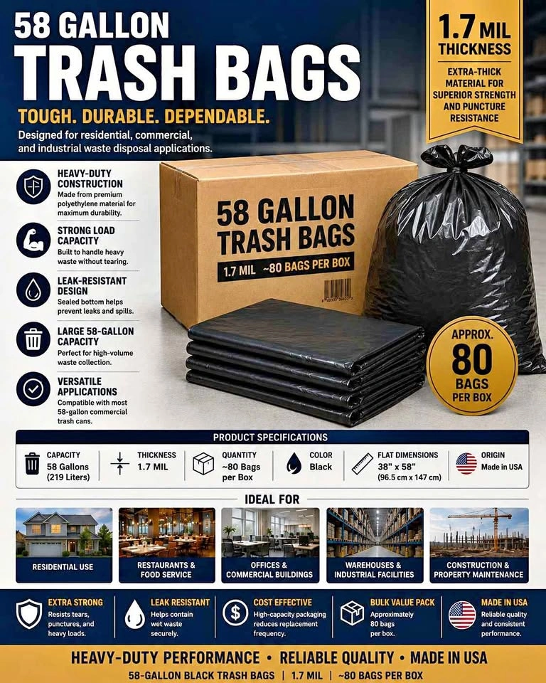 58 Gallon Black Trash Bags 1.7MIL