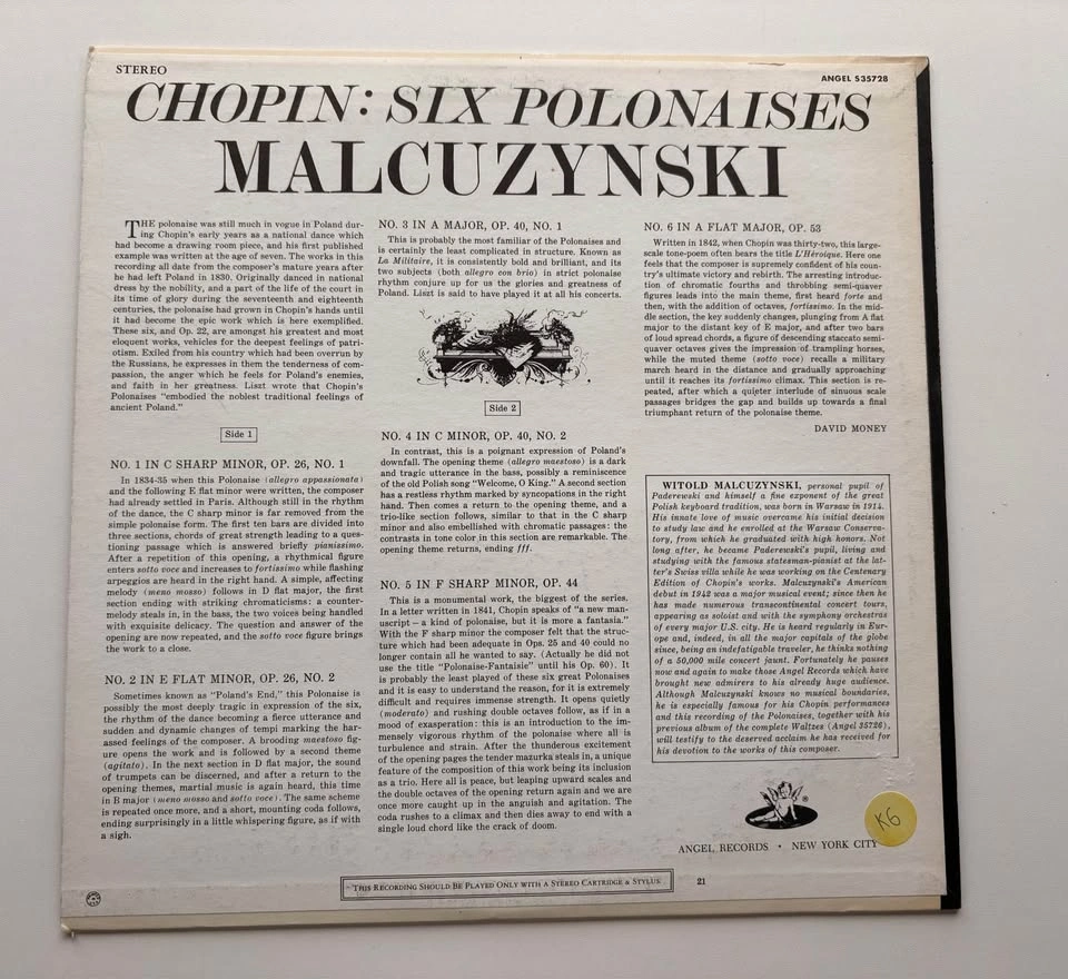 Malcuzynski Chopin 6 Polonaises Angel Records Stereo Vinyl LP - photo 2