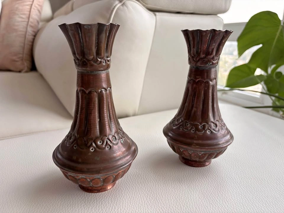 Pair of Vintage Hand-Etched Copper Vases